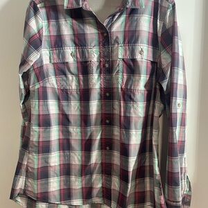Eddie Bauer Plaid Button Down Shirt - Purple, Green, White